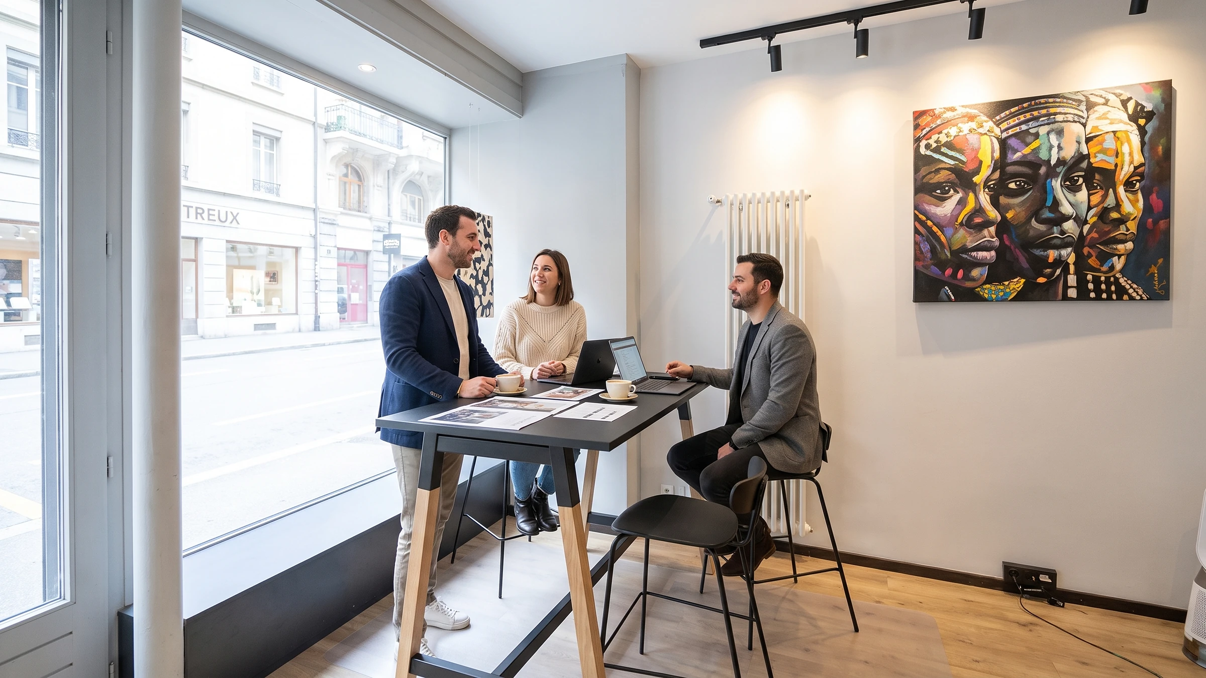 Accueil de clients autour de la table haute du studio Rootness, côté rue