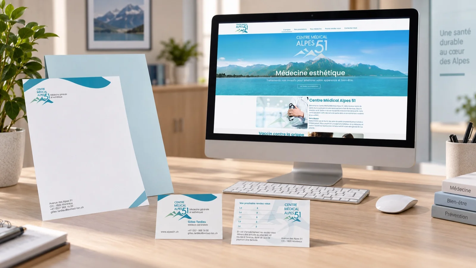 Mise en situation : papier à en-tête, cartes et site web du Centre médical Alpes 51 sur un bureau