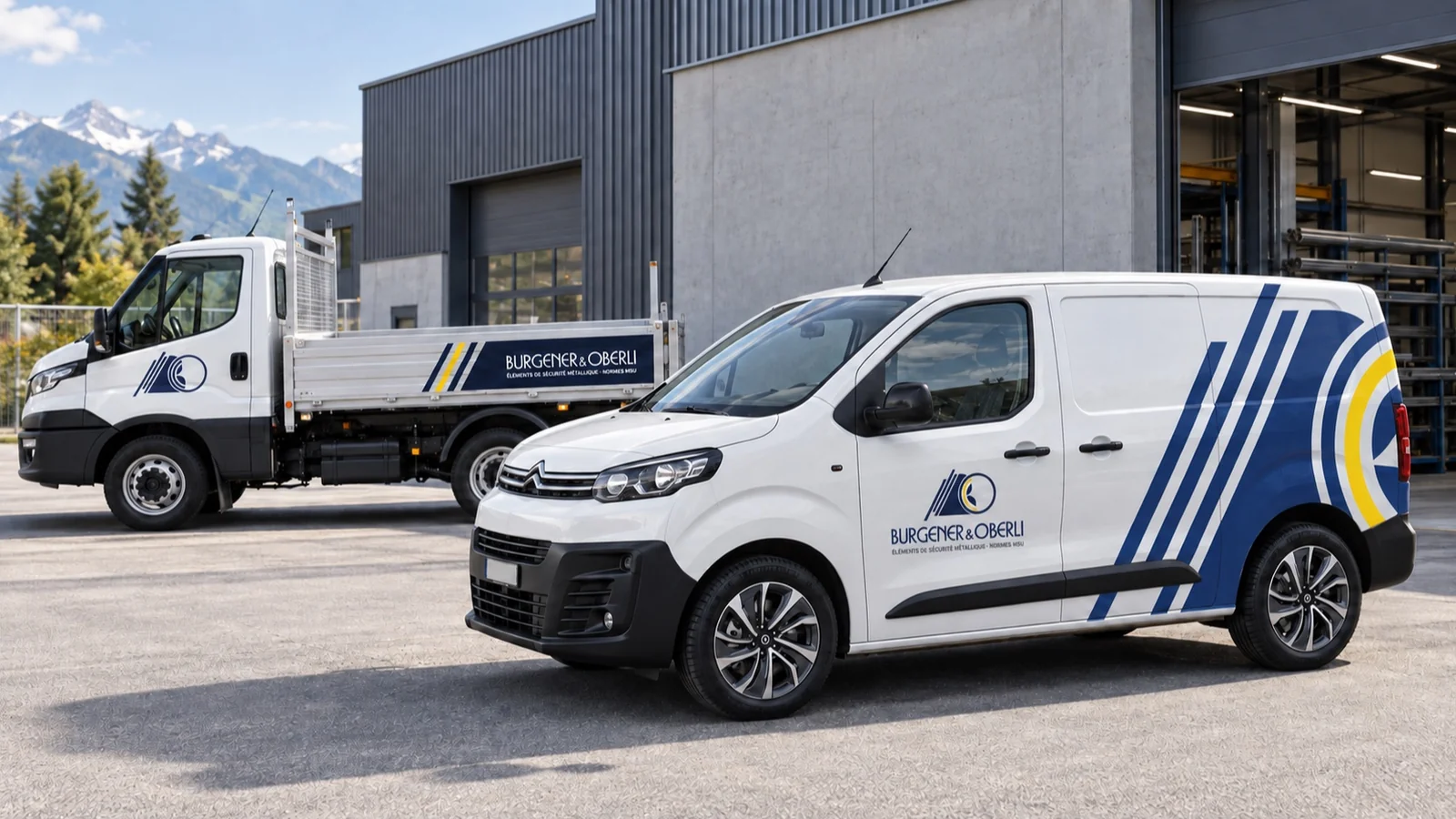 Mise en situation : camion et utilitaire Burgener & Oberli marqués en bleu et blanc devant l’atelier