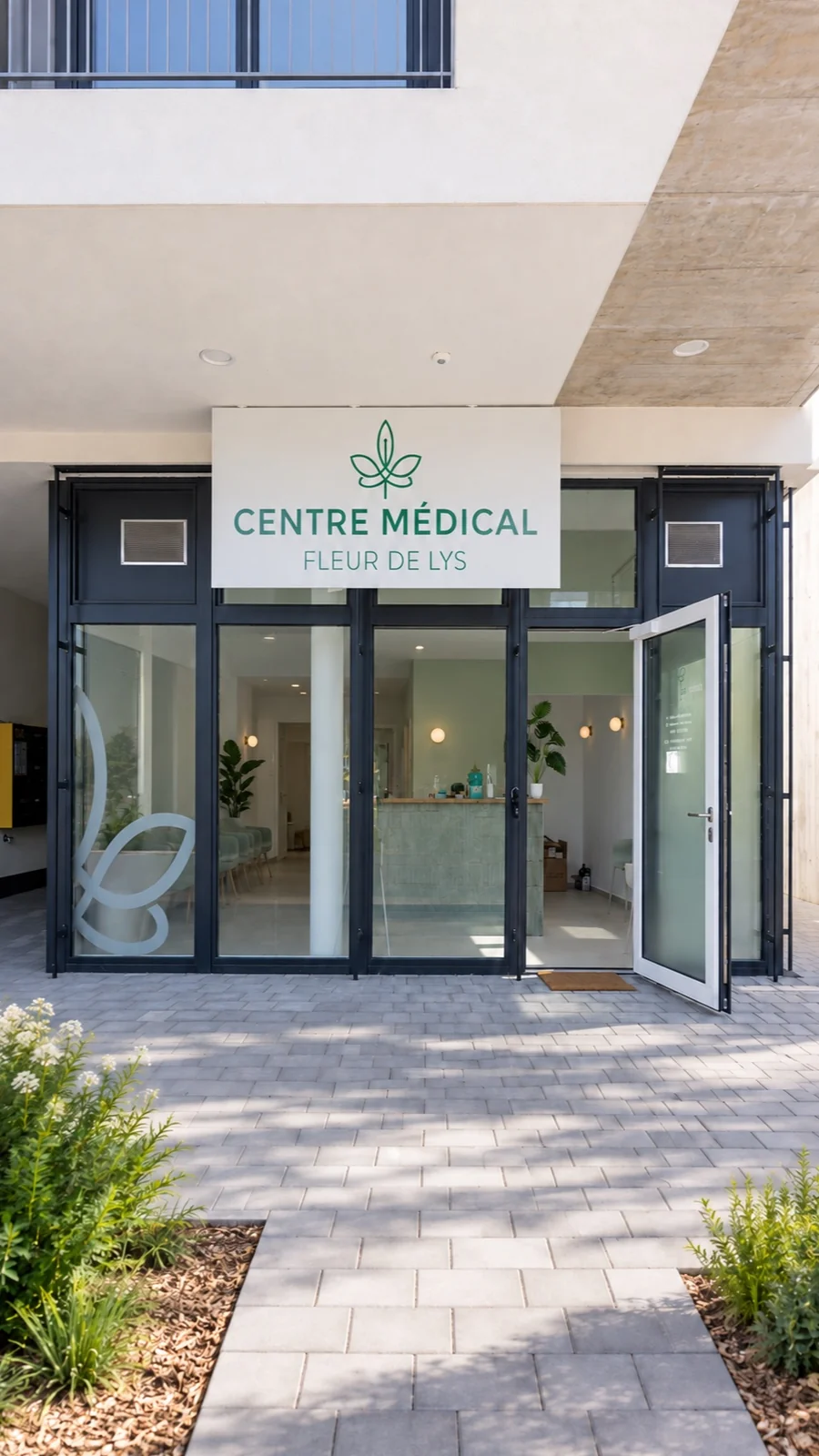 Mise en situation : façade, vitrine et enseigne du Centre médical Fleur de Lys