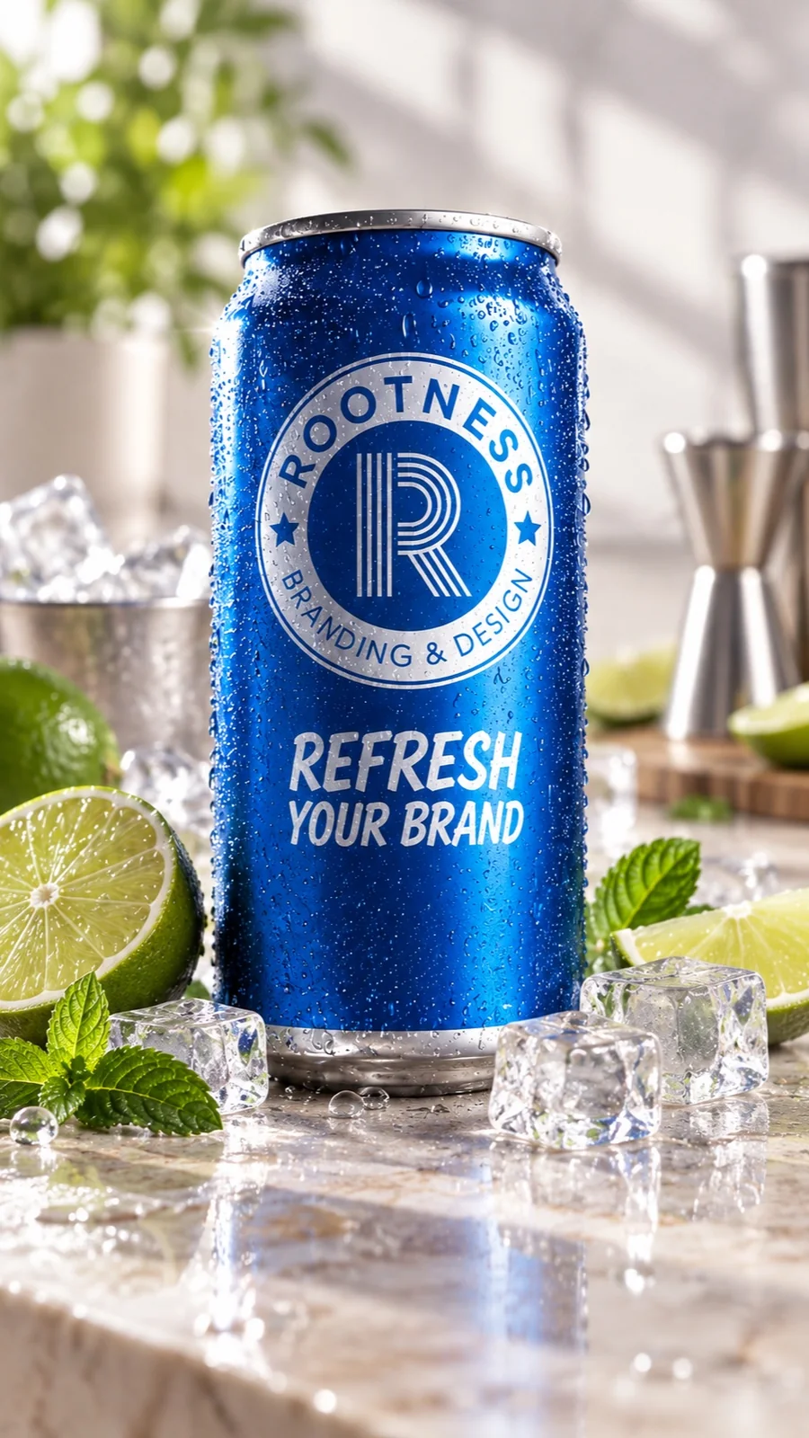 Mise en situation : canette Rootness Refresh your brand entourée de citrons verts et de glaçons