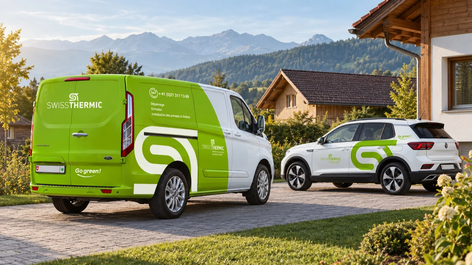 Mise en situation : utilitaire et SUV Swissthermic aux couleurs vertes de la marque