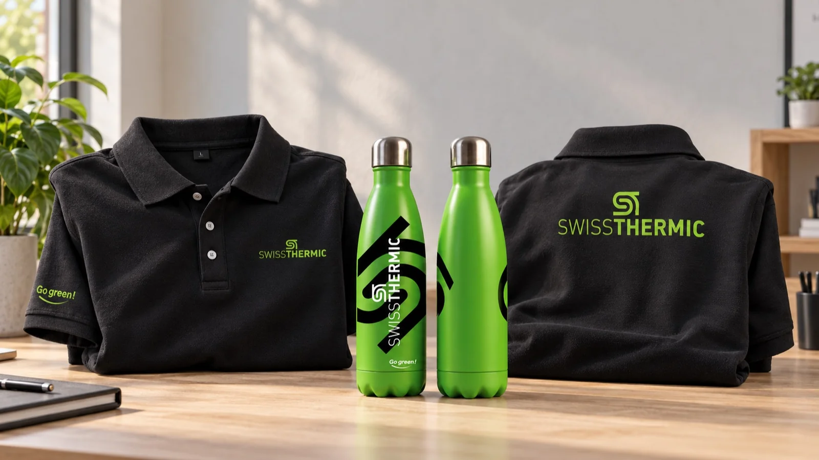 Mise en situation : polos noirs brodés et gourdes vertes au logo Swissthermic