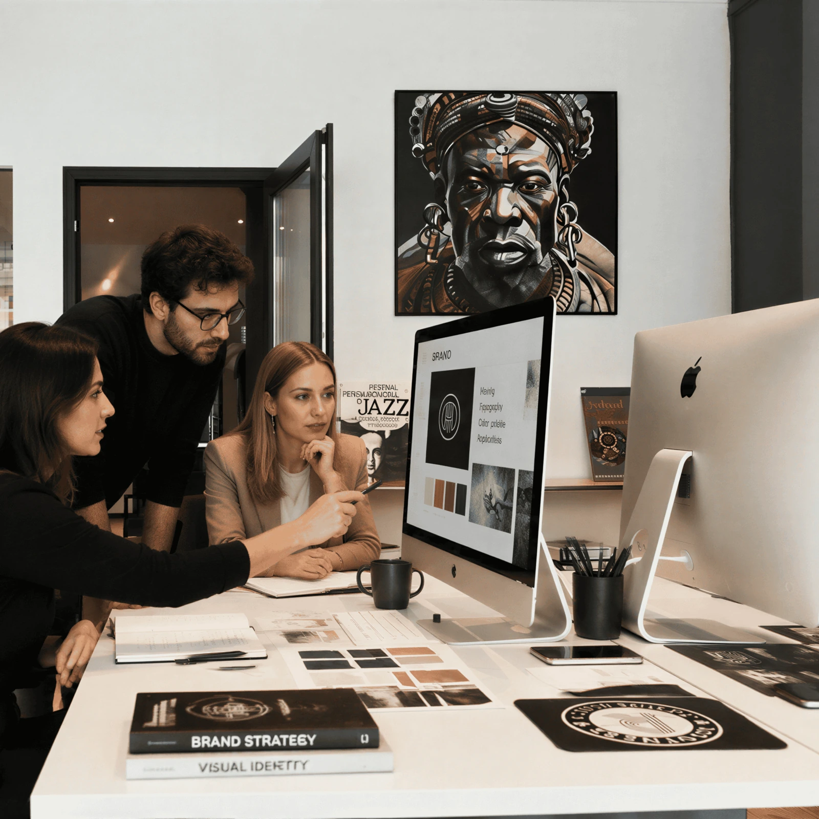 Trois membres de l’équipe Rootness examinent une identité de marque sur un iMac au studio