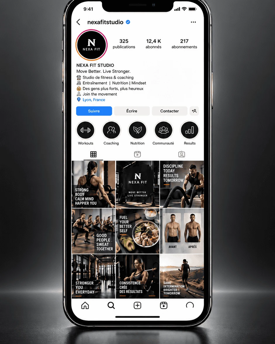 Maquette du profil Instagram d’un studio de fitness sur smartphone