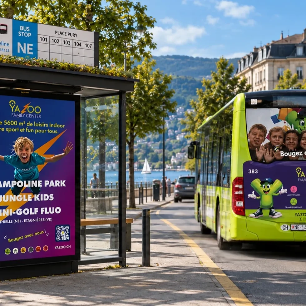 Affiche et bus de la campagne Yazoo à un arrêt de bus au bord du lac