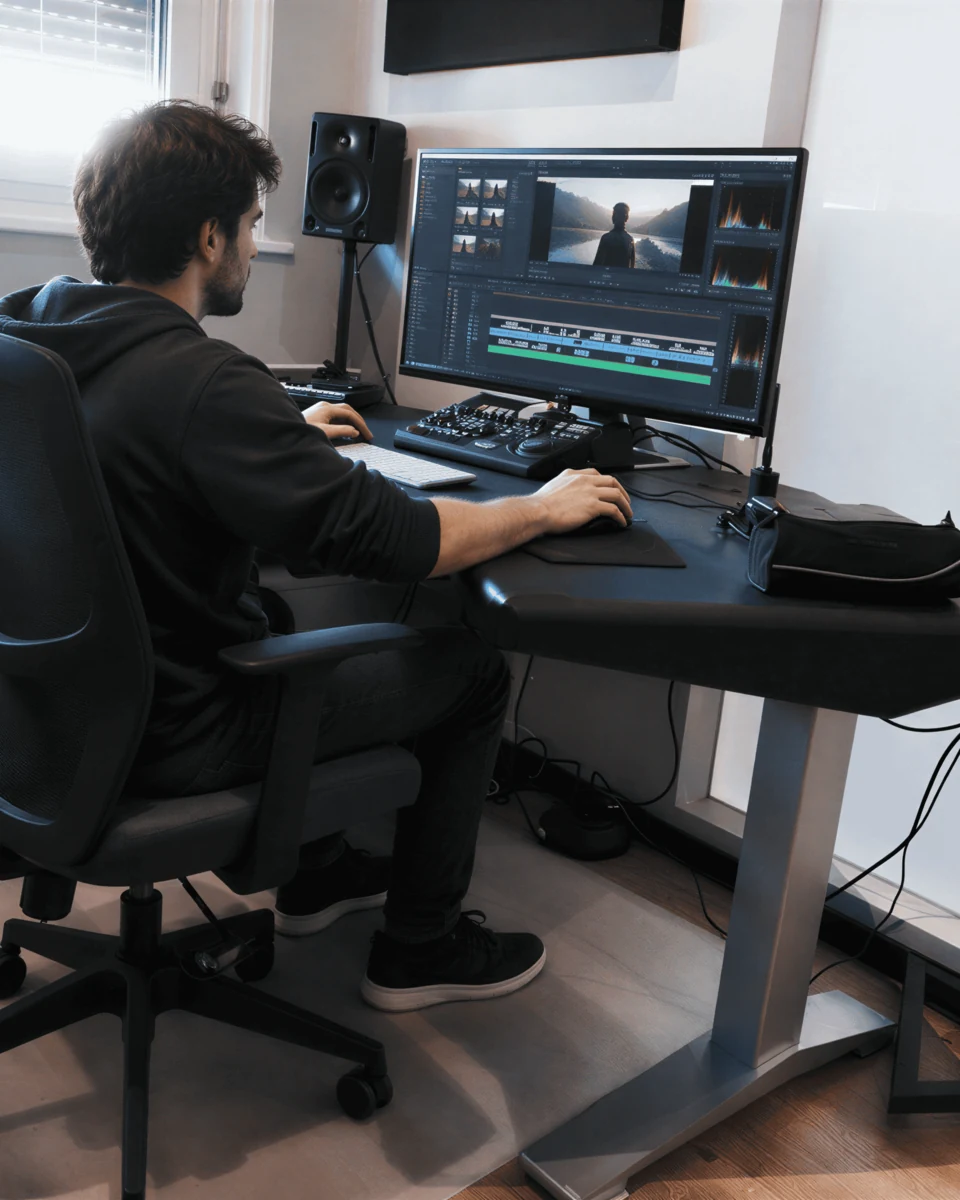 Monteur devant un écran de montage vidéo, enceinte de monitoring à côté