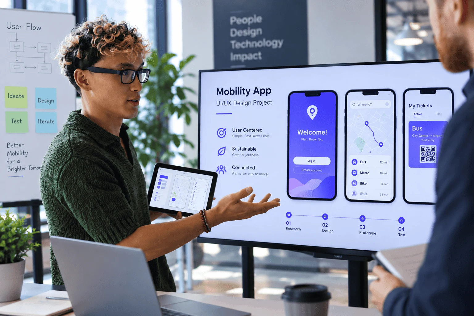 Présentation d’une application mobile de mobilité : écrans UI/UX, parcours utilisateur et tablette