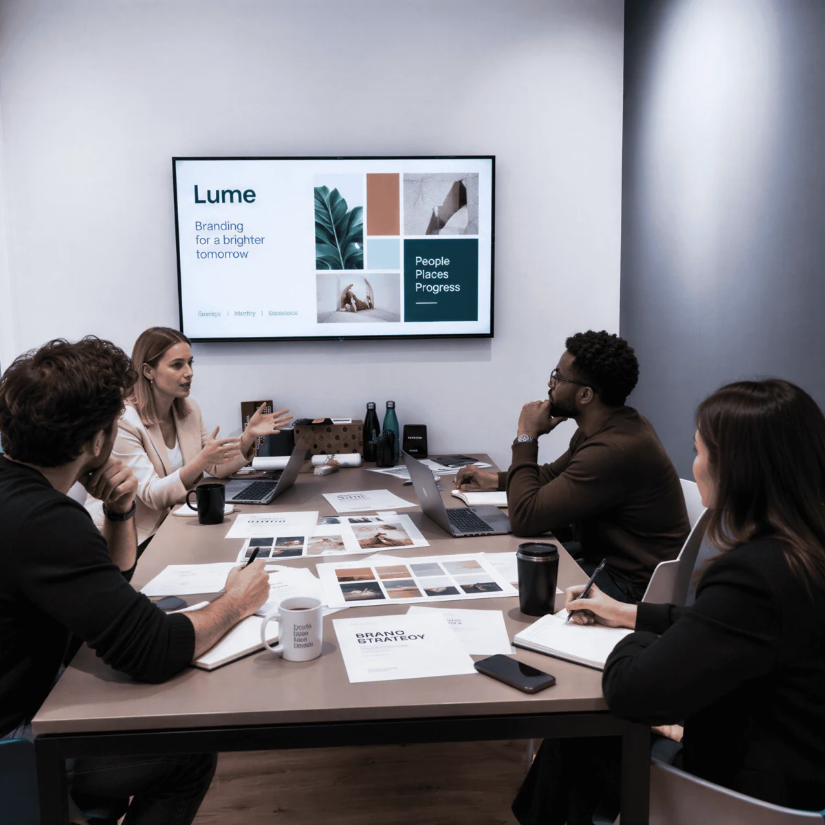 Réunion d’équipe autour d’une table de travail devant un écran de projet