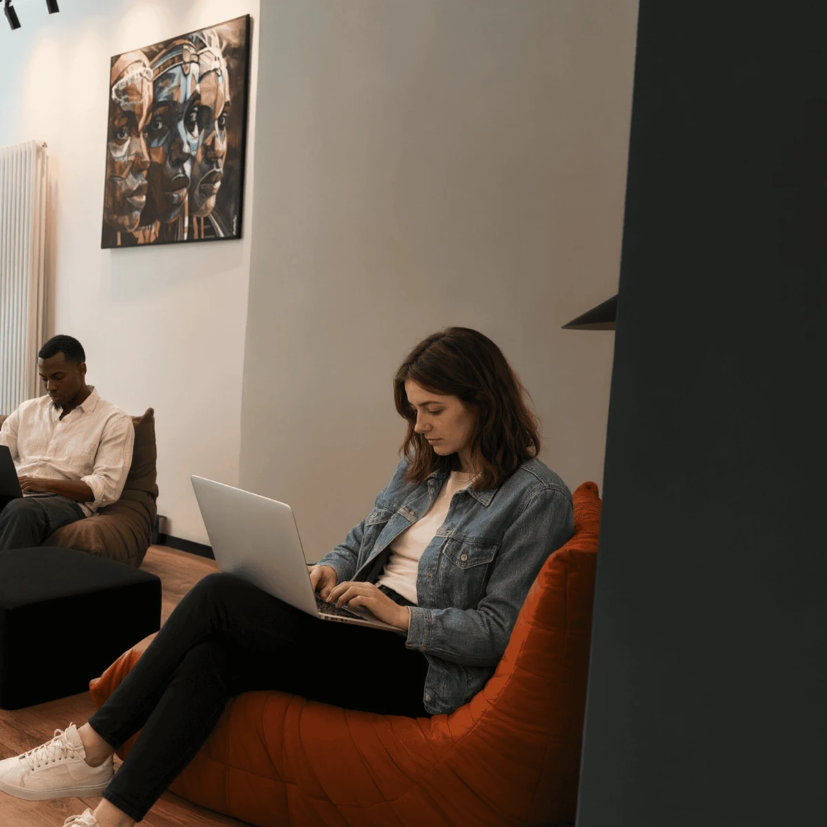 Collaborateurs travaillant sur ordinateur portable dans les locaux de Rootness