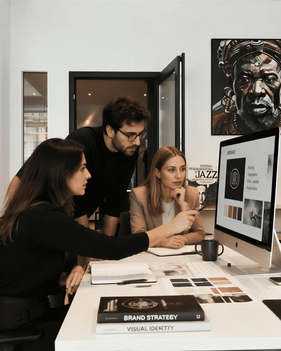 Équipe réunie autour d’un iMac pour revoir un projet