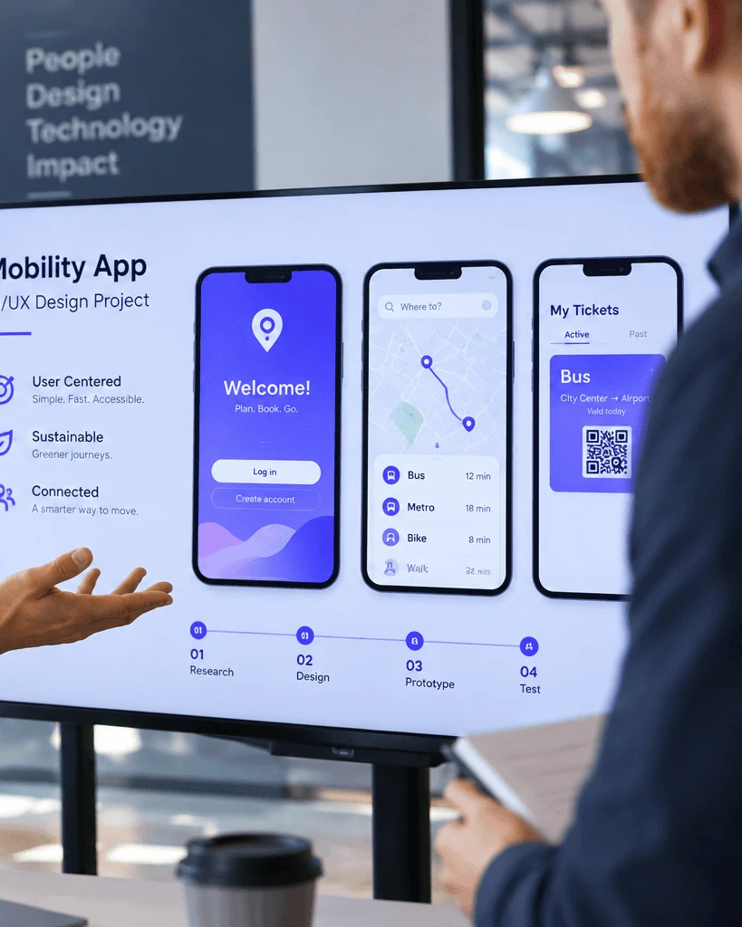 Présentation d’une application mobile sur écran : maquettes UI/UX de l’app