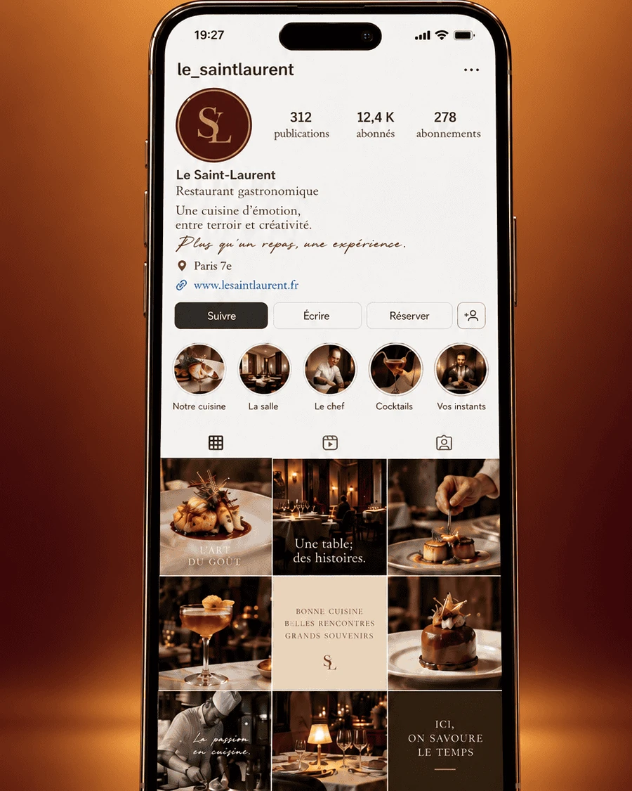 Maquette d’un profil Instagram de restaurant gastronomique sur smartphone