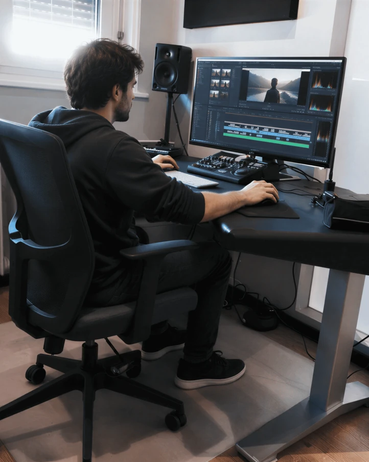 Monteur vidéo devant un logiciel de montage, avec enceintes de studio